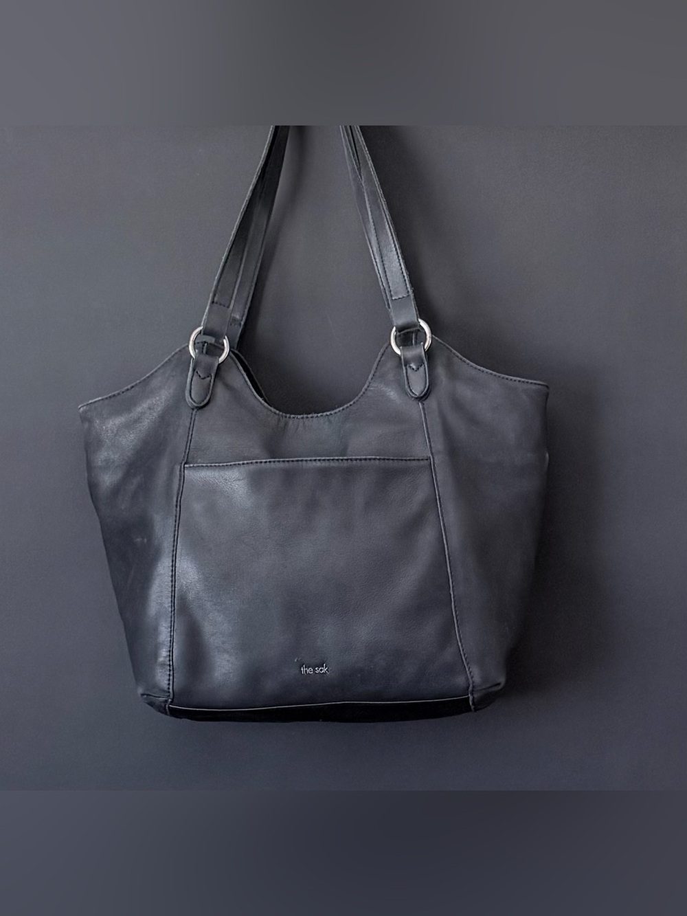 The Sak Black Leather Tote with Front Slip Pocket
